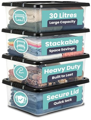 TANNESS - 4 Pack 30L Underbed Storage Boxes with Lids | Clear Plastic Storage Containers with Black Lids | Stackable Storage Boxes for Home, Office, and Kitchen Organization