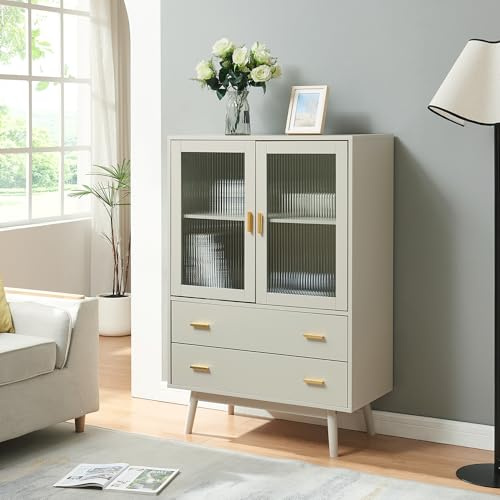 [en.casa] Vitrina Susa Aparador para salón con Estante 2 Cajones 2 Puertas de Cristal Mueble Auxiliar para Comedor Oficina MDF Patas de Pino 120 x 80 x 40 cm - Beige