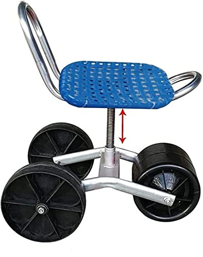 ADTUIUG Sgabello da giardino con poggiagomiti, Sgabello con carrello a 3 ruote, sedile girevole regolabile a 360°, da lavoro rotelle giardino(Blu)