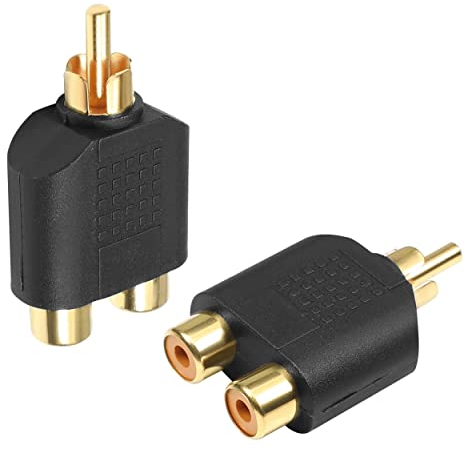 CABLEPELADO Audio-Adapter, Stecker auf 2 Buchsen, Splitter, geeignet für Subwoofer, Verstärker, TV, CD/DVD-Player, Stereo, 1 Stück (Gold)