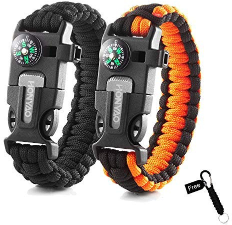 HONYAO Bracelets de Survie, Kits de Paracorde de Survie avec Boussole, Sifflet, Grattoir et Silex, Bracelet Multifonctions pour Randonnée Camping Urgence ou Autres Activités de Plein Air