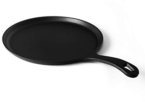 Commercial CHEF 10.5-Inch Cast Iron Round Griddle, Pre-Seasoned Cast Iron, Integrated Hanging Hole in Handle, Works on All Cooktops Including Induction, Outdoor Skillet for Campfires, CHFL911