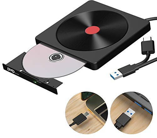 AMIGIK Lecteur DVD Externe, USB 3.0 & Type C, Graveur CD Externe, Enregistreur Portable - Transfert de Données à Grande Vitesse Compatible avec Ordinateur Portable Macbook PC Mac OS Windows Linux