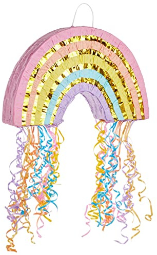 BLUE PANDA Pull String Rainbow Pinata - Small 16.5 x 10 x 3 In Pastel - Mini Birthday Pinata for Rainbow Birthday Decor