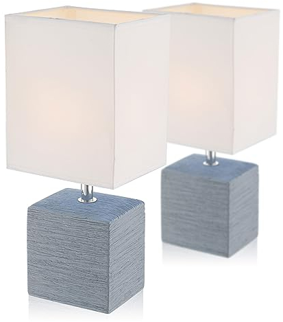 Nachttischlampe 2er Set Grau - Tischlampe Wohnzimmer Vintage Modern - Lampenschirm Weiß Stoff Eckig - Lampe Schlafzimmer Nachttisch Schmal - Dekolampen Innen Fensterbank - 29 cm