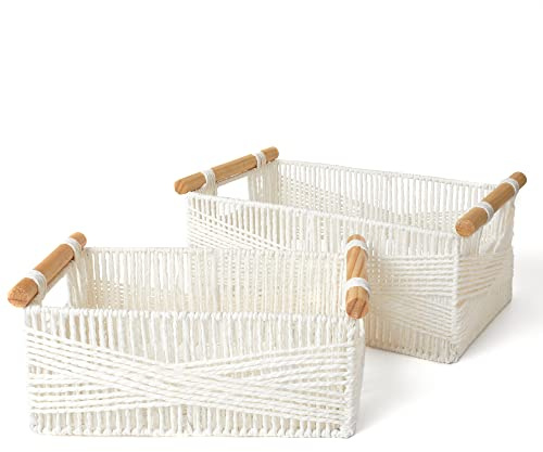 LA JOLIE MUSE Wicker Storage Baskets for Organizing, Recyclable Paper Rope Basket with Wood Handles, Decorative Hand Woven Basket Organizers for Makeup Books Shelves Living Room, White, Set of 2