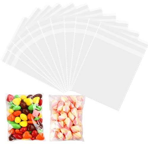 Cellophane Bags Pack of 100 (5 x 7 Inches) - Small Clear Adhesive Plastic Bags for Sweets, Cookies, Gifts, Jewellery, Soap, Chocolates - Self Seal