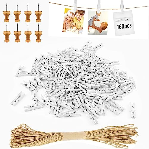 Hengxinc 168 Piezas Pinzas Madera Pequeñas Blanco 25MM Pinzas Pequeñas para Fotos Boda Mini Pinzas de Madera Foto de Polaroid con Cuerda de Yute de 10m DIY Pinzas de Madera Pequeñas for Photo Wall
