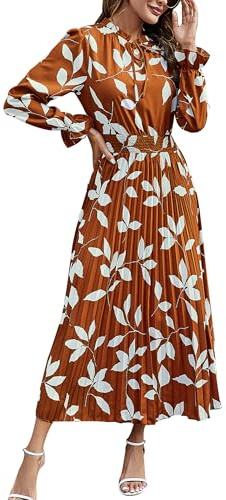 PRETTYGARDEN Boho Dress for Women Casual Spring Fall Long Sleeve V Neck Print Pleated Midi Dresses (Brown Leaves,Medium)
