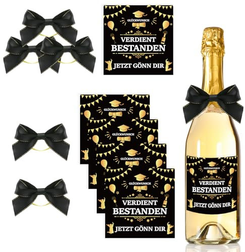 Flaschenetikett Verdient Bestanden Set, 5 Stück Selbstklebend Flaschen Aufkleber, mit 5 Schleife, Abschluss Flaschenetikett, Graduation Aufkleber, für Bestandene, Prüfung usw(10x10cm)