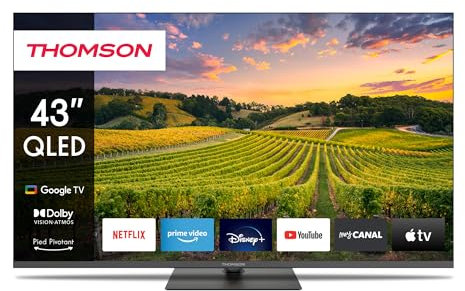 THOMSON 43 Pouces (109cm) QLED Zentraler Standfuß Google Smart TV, Wi-FI,Dolby Audio, HDR10, Bluetooth 5.1, Triple-Tuner (Câble/Satellite/Antenne), HDMI, CI+, A+ Panneau - 43QG5C14