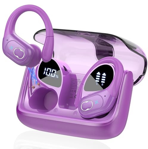 STECEi Kopfhörer Sport, 2025 in Ear Kopfhörer Kabellos Bluetooth 5.4 mit HD Mic, 75Std HiFi Stereo Bluetooth Kopfhörer mit Ohrhaken, Comfort Fit, IP7 wasserdichte Ohrhörer für Sport, Lila