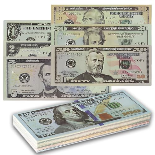 PCCMOT COS 280 Props Money Dollar- Copy- Faux Billets Cinema - Dollars Américains Billets -Billet Factice Dollars Fake Money pour Les Jeux Enfants Décoration Festive- 40 x1$,2$,5$, 10$,20$, 50$,100$