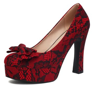 elerhythm Femme Mary Jane Bout Fermé Élégant Gothique Dentelle Pompes avec Nœud Doux Plate-forme à Talons Hauts, rouge, 37 EU