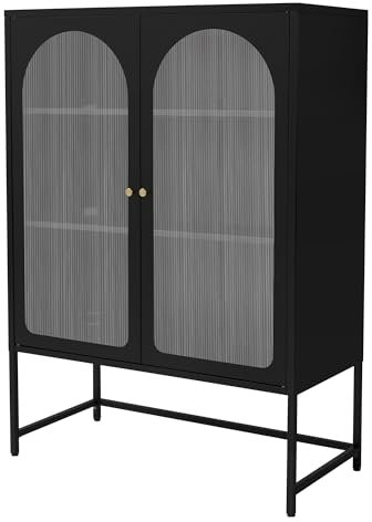 ML-Design Vitrinenschrank 85x120x40 cm, Schwarz, Vitrine mit 3 Ablage-/Regalfächer und 2 Türen, Wohnzimmer Metallschrank aus Stahl, Industrieller Stil, Kommode Bücherschrank Aktenschrank Standschrank
