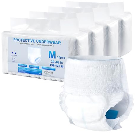 VEVOR Inkontinenzhosen für Erwachsene, Mobile Einweghose für Männer & Frauen, Einweg-Pull-Up-Windeln mit auslaufsicherem Beinbündchen & Nässeindikator – Größe M, 64 Stk. (4er-Pack à 16 Stk.)