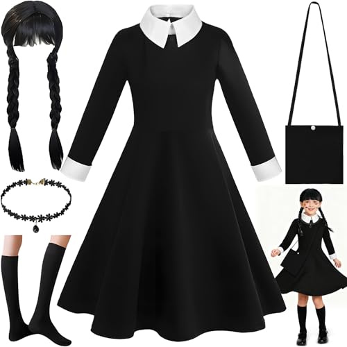 ZZXLOPEZ Disfraz Halloween para Niñas, Vestido Gótico con Peluca y Accesorios de Joyería, Disfraces de Princesa Negro para Halloween Carnaval Cumpleaños Cosplay Fiesta, Vestido Costume Niña (120)