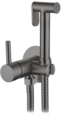 Grifo Bidet Empotrado para WC AQG Taus - Kit Mezclador Monomando Agua Fría y Caliente - Ducha Higiénica con Ducheta Pulsante de Cierre y Flexo Reforzado 1,20 m - Latón Estampado, Acabado PVD Gun Metal