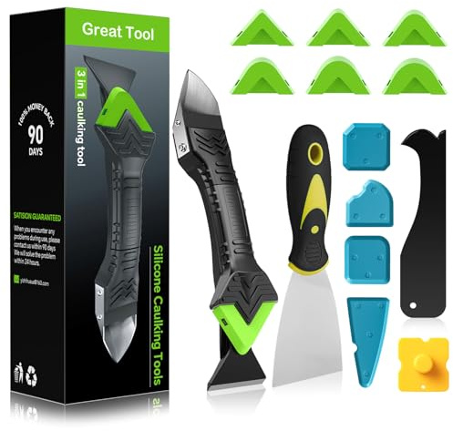 Goopreen Silicone Caulking Tool Kit-3 in 1 Caulk Tool Caulk Remover Tool(Stainless Steel) Silicone Seam Tool and Putty Knife Sealant Finishing Tool for Bathroom Kitchen Floor Window Sink Seal