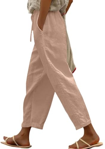 Yutdeng Pantaloni Lino Donna Eleganti Pantaloni Estivi Leggeri Comodi Pantalone Harem Casual con Coulisse Tasche Pantaloni Lunghi 7/8 per Yoga Spiaggia Jogging