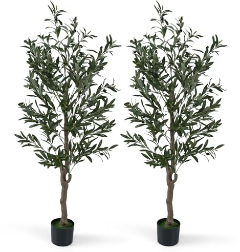 COSTWAY Set med 2 konstgjorda olivträd, 150 cm, konstgjord växt i kruka, konstgjorda växter med PE-stam, realistiska frukter och blad, rumsväxt för inomhus, hem, kontor (grön, 150 cm)