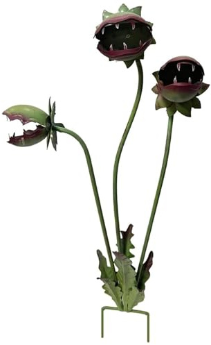 Scultura Ornamentale Gigante con Pianta Carnivora in Metallo Fantasia, Statua di Venus Flytrap di 25 Pollici con Picchetti, Fiori Artificiali con Picchetti Resistenti per Giardino, Patio e Prato
