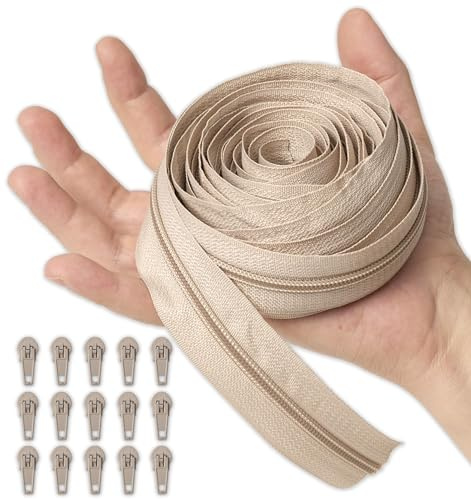 IPEA Fermeture Éclair Chaîne Continue taille #5 Beige - [ 5 MÈTRES + 15 CURSEURS EN MÉTAL ] - Made in Italy - Zip à Découper pour Couture, Vêtements, Accessoires - Largeur 30 mm - Beige