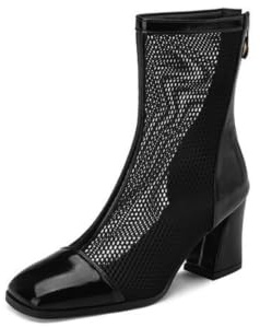 Genérico Botas De Verano De Malla con Punta Cuadrada para Mujer | Botas De Verano Con TacóN Grueso Alto, Botines Casuales De Charol Y Malla Con Cremallera