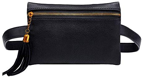 AiSi Kleine Modern Taillenbeutel Hüfttasche Bauchtasche mit Quaste verstellbaren abnehmbaren Riemen aus PU Kunstleder für Damen Schwarz