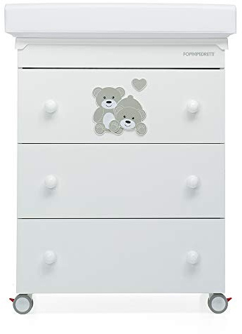 Foppapedretti Bagnetto Fasciatoio Tenerorso, Legno, Made in Italy, 3 Cassetti, Piano Fasciatoio Ribaltabile, Vaschetta Anatomica Estraibile, 4 ruote, Materassino Incluso, 69x47x89 cm, Bianco