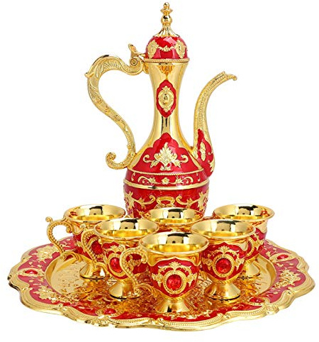 Vintage Turkish Tea Set, Turkish Coffee Pot Set Tea Sets for Women with Teapot Tray and 6 Cups Volume 30ml Cup Height 2.55inch Teapot Craft Decorations for Living Room, Dining Table(Red)