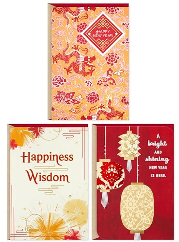 Hallmark Chinese New Year Cards 2026 (3 Lunar New Year Cards with Red Lucky Money Envelopes) Happiness, Luck, Prosperity, Year of the Horse