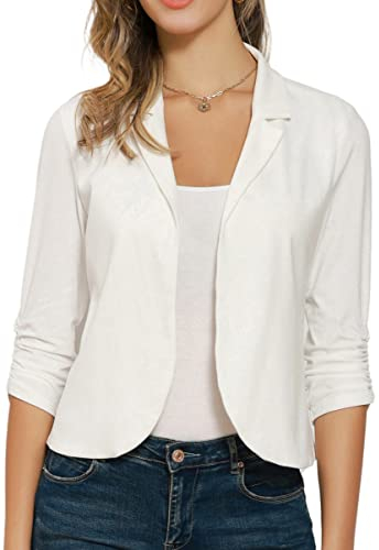 GRACE KARIN Damen Casual Cropped Blazerjacke 3/4 Ärmel Offene Gestrickt Blazer kurz Leicht Jacke Business Mantel Strickjacke Cardigan S Weiß CL1225S22-01