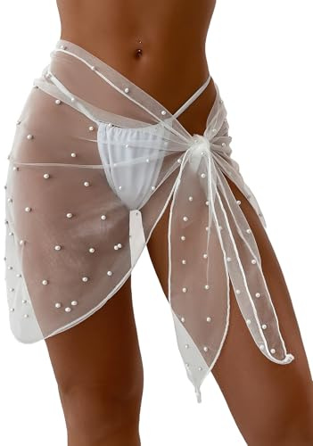 GORGLITTER Women's Cover Up Sarong Wrap Skirt Bachelorette Outfits for Bride Sheer Mesh Bridal Swimsuit Pearl Bathing Suit White One Size