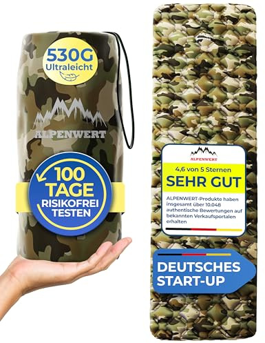 ALPENWERT® Colchoneta aislante para exteriores, tamaño pequeño y ultraligero, colchón de aire perfecto para camping, senderismo, mochilero UVM. Esterilla hinchable para dormir (camuflaje)