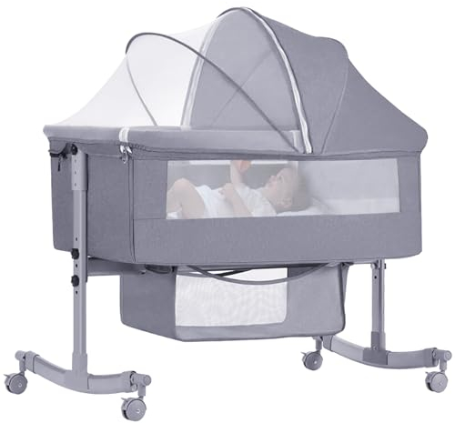Sinbide 4-in-1 Babybett, Babywiege mit Rollen, Stubenwagen mit Moskitonetz, 4-stufig höhenverstellbares Kinderbett, Klappbares und abnehmbares Kinderreisebett, Beistellbett, Geschenk für Babys