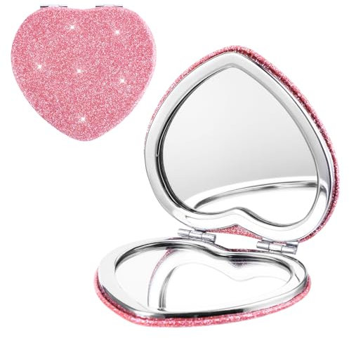 Mabor Rosa Taschenspiegel Klein Tragbarer Klappspiegel Herz PU Kompaktspiegel Mini 1x/2x Vergrößerung Spiegel Klappbar Kleinerer Spiegel für Ausbesserungen Geldbörsen Handtaschen