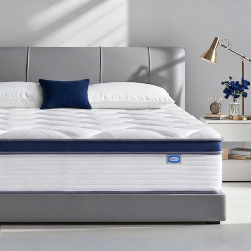 SEZMOONSI Double Mattress 4FT6, Gel Memory Foam Mattresses, 9.1 Inch Deep Hybrid Double Bed Mattress, Pocket Sprung Medium Firm in a Box for Back Pain Relief (135x190x23cm-white blue)