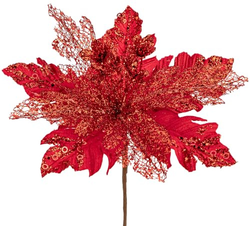 Arborus Lot de 6 fleurs artificielles de poinsettia à paillettes de Noël 29 cm Fleurs artificielles de poinsettia rouges pour décoration de sapin de Noël Décoration de Noël pour guirlande de Noël et
