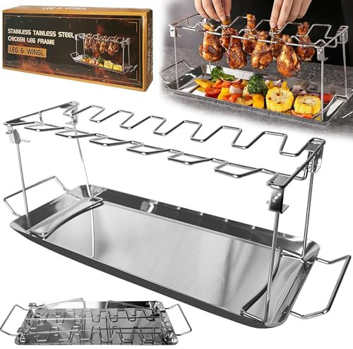 Pollo Gamba Rack per Grill con vassoio gocciolante,Supporto Pollo Arrosto Forno Pollo Wing Rack, 14 Slots Acciaio Inox, Risparmio Pollo Drumstick Rib Grill Racks per Fumatori, Accessori Griglia