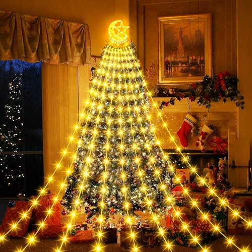 Possily Christbaumbeleuchtung Lichterkette Christmas 3,5M 9 Stränge 346 LED Weihnachtsbaum Lichterkette mit Topper Stern 8 Modi Wasserdichte Licht für Weihnachtsbaum Weihnachtsdeko Außen Innen