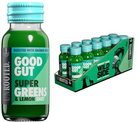 UNROOTED Super Greens & Lemon Shots - For Good Gut Health, with Spinach, Lemon, Baobab and Cucumber, Supports Energy, Immunity and Digestion, With Vitamin C and Antioxidants 12x60ml Bottles
