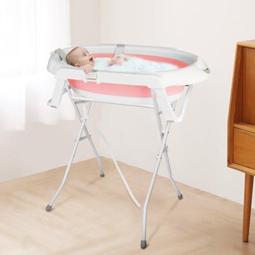 Babywanne mit Ständer Faltbare Baby Badewanne Set mit Gestell - Tragbare Rutschfeste Wanne für Neugeborene bis 3 Monate - Stützkissen inklusive-66 * 61 * 82cm – rosa