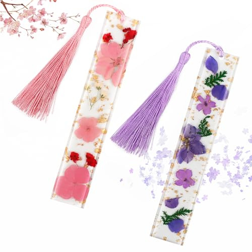 Marque page, Lot de 2 Marque-pages en Résine, Marque-Page Fleurs Sechees Transparente avec Gland, Signets Naturels Fleurs Pressées, Marque Page Fleurs pour les Amateurs de Lecturemarque-pages