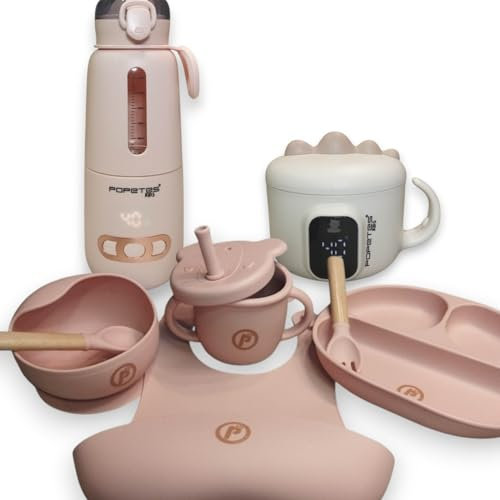 Popetes Kids – Kit de Alimentación infantil FOODY | Calienta biberones portátil + Calentador de alimentos inalámbrico + Vajilla de Silicona completa para Bebés (Rosa)