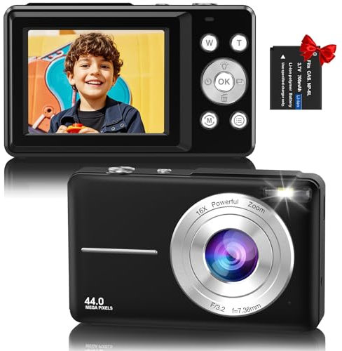Digital Camera, 1080P FHD 44MP Compact Digital Camera, Compact Vlogging Camera with 2.4 LCD Screen, 16X Digital Zoom, Anti-Shake, Rechargeable, Portable Mini Camera for Kids, Teens, Beginners - Black