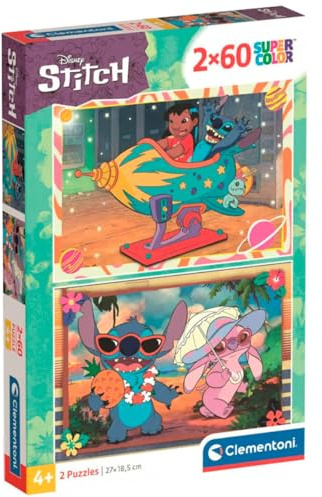 Clementoni - Puzzle per Bambini 2x60 Pezzi Supercolor, per Bambini 4+ Anni, Illustrazione Disney Stitch, Idea Regalo, Made in Italy, 27x19 cm, 24822