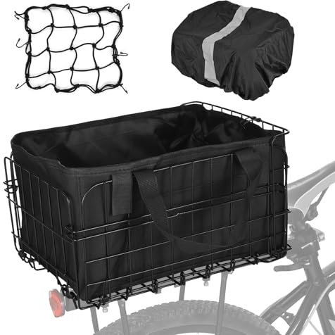 Funien Cestino per Bici in Metallo 60L, a Lungo Termine e Robusto, Facile da Installare, Cestello per Bici Pieghevole Posteriore con Copertura Antipioggia, Borsa a Rete (Set di cesti)