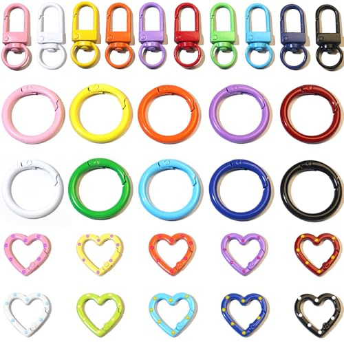 KSYN KO-KO 60PCS Colorful Keychain Clasp – 3 Styles Spring O Ring, Heart Clasps, Lobster Claw Clasps for DIY Crafts, Keychains, Bag Charms, Gifts, Pet Tags & Party Favors