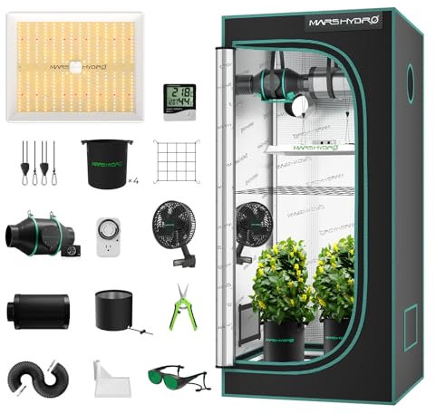Mars Hydro Set completo per tenda da grow TS1000, dimmerabile, 80 x 80 x 160 cm, 1680D, altamente riflettente, Mylar Grow Box, con ventilazione silenziosa 4 205 CFM